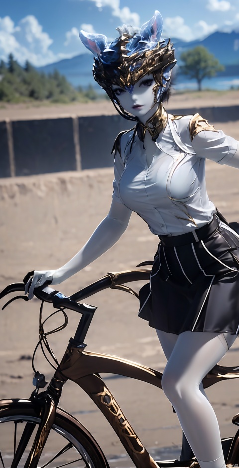 1girl, solo, looking at viewer, smile, skirt, brown hair, shirt, brown eyes, white shirt, short sleeves, outdoors, socks, black skirt, blurry, blurry background, ground vehicle, riding, bicycle, jmai