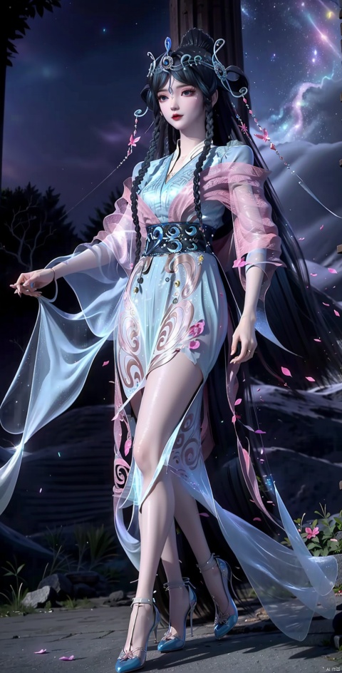 Two long straight legs, black lace leg rings, fantastic starry sky background, high heels, exquisite and gorgeous long gauze skirt, a small star around, long legs, long hair behind her, clothes studded with sparkling diamonds, fluttering notes, petals falling, crystal shoes, little crystals around,