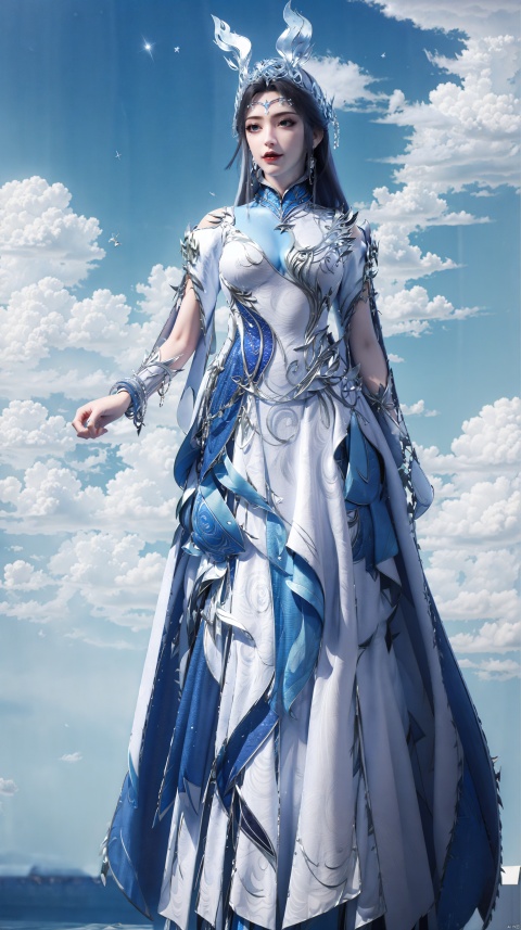  Conservative conservative long skirt
, rabbit ears,Blue sky and white cloud background, black hair, a little star surrounded by, standing, long legs, clothes studded with sparkling broken diamonds, floating love around