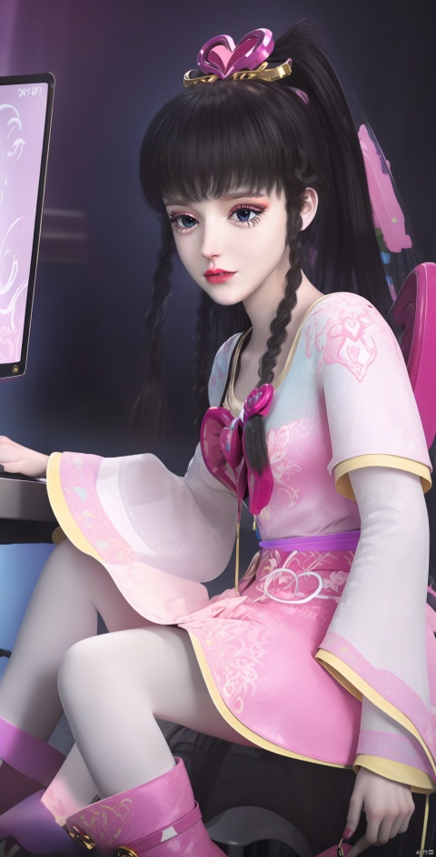,Tuxedo skirt,long legs, sitting in front of the computer, eSports girl, 1 girl, shut your mouth,:), charming smile, bow, long hair, ponytail, wide sleeves, boots, pink headphones, game chair, ruffles, boots, pink boots, headphones, pink headphones, xw