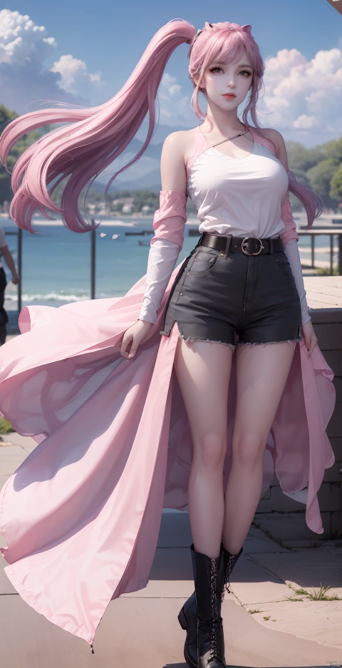 ,pink hair
, 1 girl, alone, long hair, looking at the viewer, charming smile, shirt, belly button, standing, full body, white shirt, boots, outdoor, shorts, sleeveless, day, belly, belt, black shoes, flat toe, none Sleeve shirt, black shorts, legs up, standing on one leg, slit, standing slit