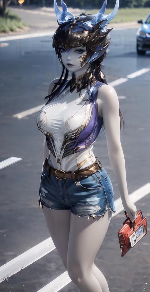 1 girl, solo, long hair, looking at viewer, smile, brown hair, shirt, black hair, bare shoulders, brown eyes, full body, boots, outdoor, shorts, sleeveless, day, lips, bare arms, black shirt , shorts, watermark, white footwear, vest, denim, ground vehicle, motor vehicle, denim shorts, realistic, road, motorcycle