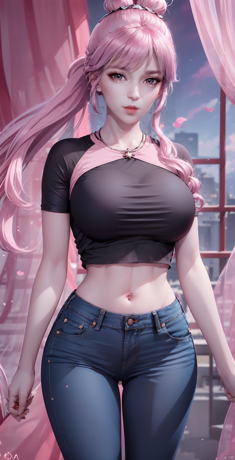 1girl,pink hair
,black_shirt,blue_pants,breasts,curtains,denim,hair_bun,jeans,looking_at_viewer,midriff,navel,on_back,pants,red_background,shirt,solo