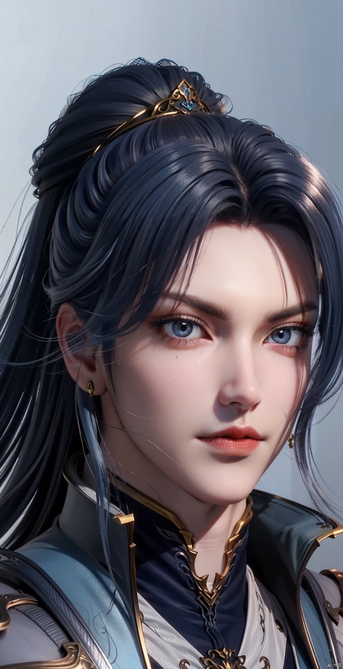 masterpiece,best quality,illustration,anime,simple gray background,tangsan,solo,(mature males:1.2),blue eyes,long hair,blue hair,male focus,1boy,ponytail,looking at viewer,lips,hair ornament,closed mouth,sidelocks,portrait,upper body,high ponytail,armor,realistic,,,
