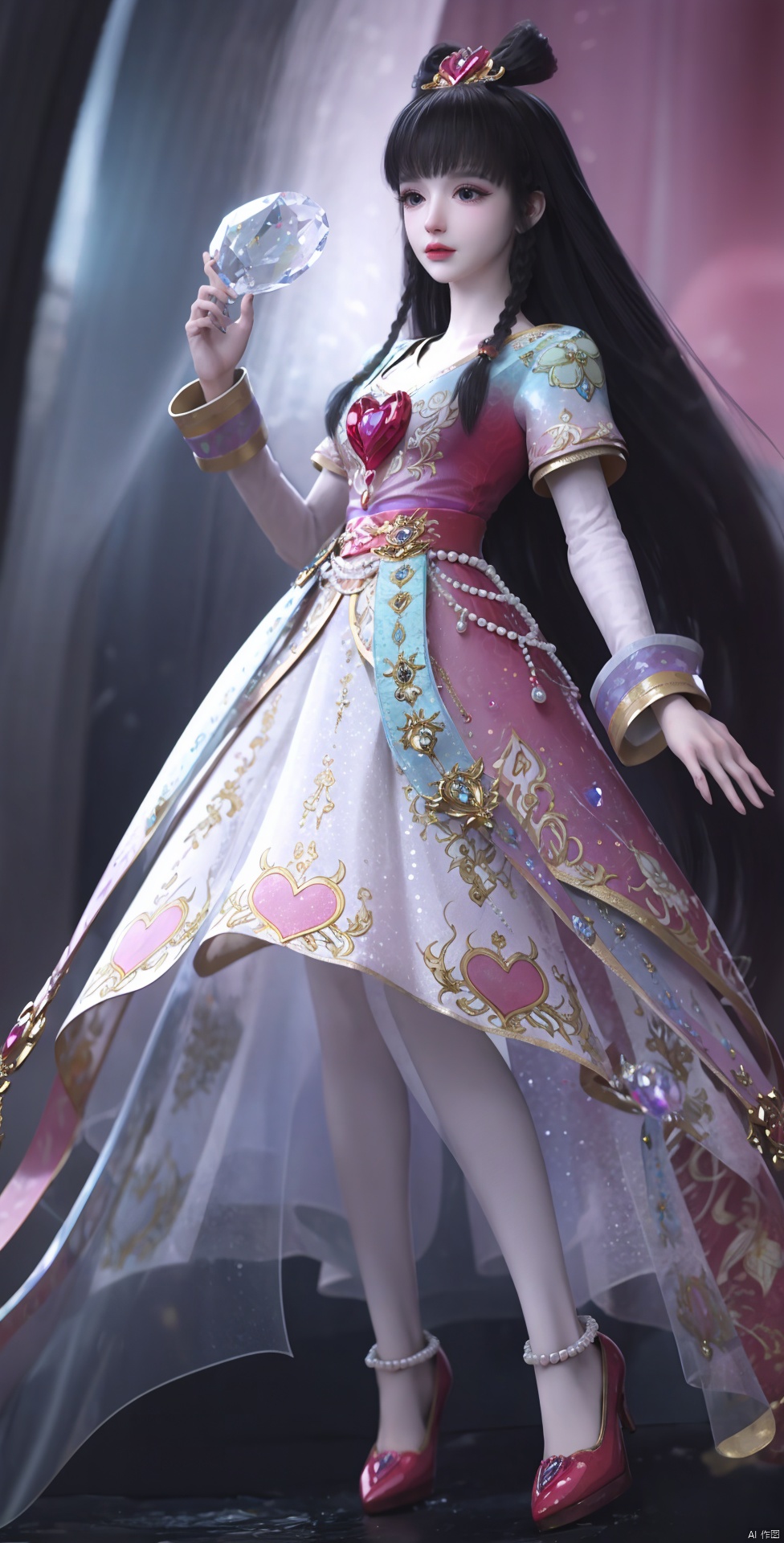  bust chart ,hime cut,long skirt,high heels,black hair,blunt bangs,Conservative conservative clothes, standing, lotus background, wearing lotus skirt, exquisite crystal shoes, wearing conservative conservative conservative fairy skirt, dream, transparent crystal pink butterflies fluttering around, there are sparkling droplets of water, flowing long hair, surrounded by crystal clear sparkling droplets, (clothes studded with sparkling diamonds, small pearls) tender white skin, ((real feeling)), movie lighting realism, super realism,