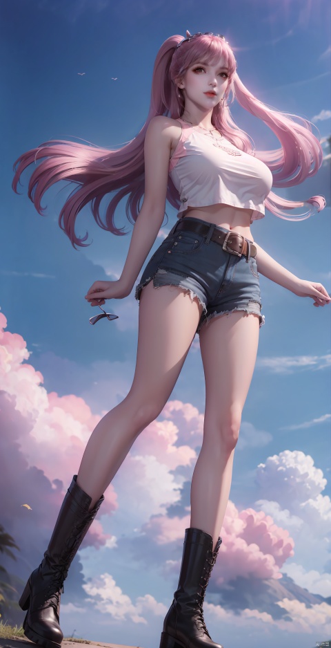 pink hair,pink eyes
,1girl, solo, long hair, breasts, looking at viewer, smile, large breasts, brown hair, shirt, navel, brown eyes, standing, full body, white shirt, boots, outdoors, shorts, sleeveless, day, midriff, belt, black footwear, crop top, short shorts, sleeveless shirt, black shorts, leg up, standing on one leg, split, standing split