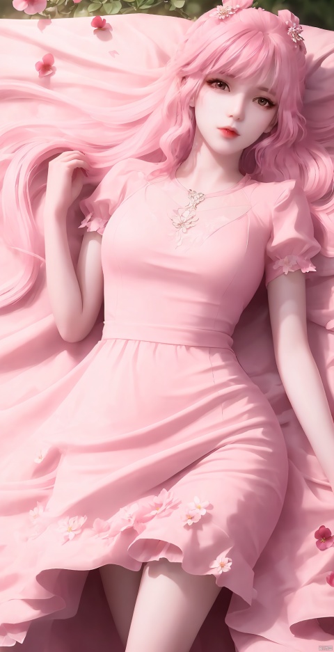  pink hair, sad expression, tears in eyes, short dress,long legs
, 1 girl, solo, long hair, looking at audience, dress, flowers, lying, supine, pink dress, leaves, reality