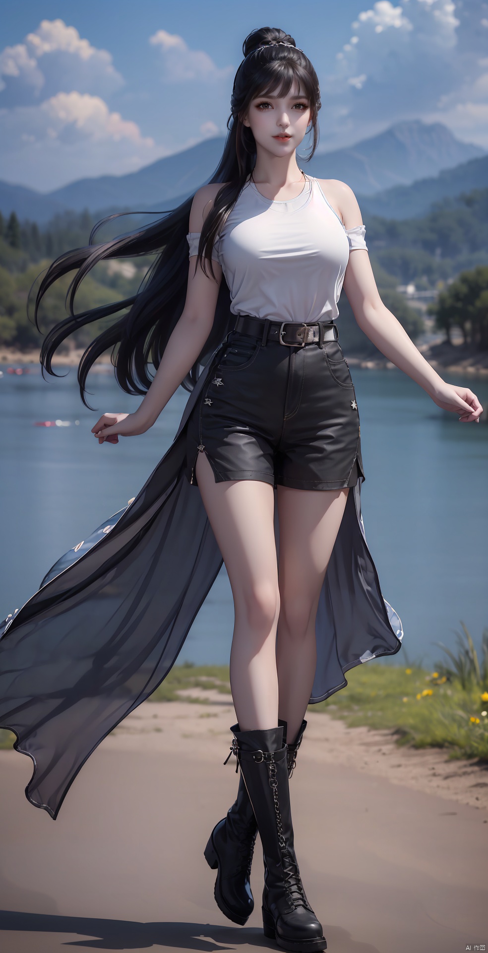  1 girl, alone, long hair, looking at the viewer, charming smile, shirt, belly button, standing, full body, white shirt, boots, outdoor, shorts, sleeveless, day, belly, belt, black shoes, flat toe, none Sleeve shirt, black shorts, legs up, standing on one leg, slit, standing slit
