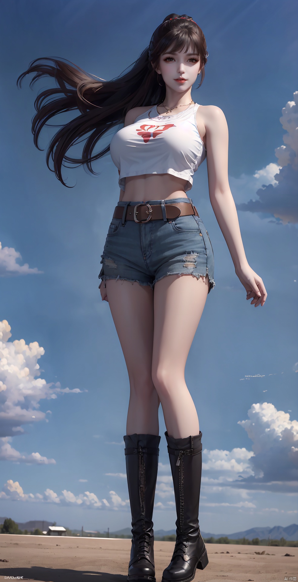1girl, solo, long hair, breasts, looking at viewer, smile, large breasts, brown hair, shirt, navel, brown eyes, standing, full body, white shirt, boots, outdoors, shorts, sleeveless, day, midriff, belt, black footwear, crop top, short shorts, sleeveless shirt, black shorts, leg up, standing on one leg, split, standing split