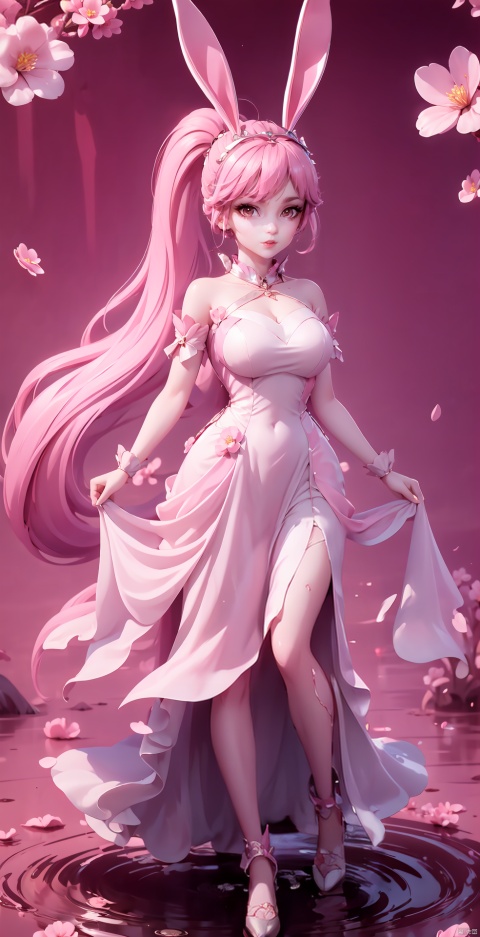  Pink hair, long skirt, tail skirt
, 1girl, solo, long hair, looking at viewer, hair accessory, dress, animal ears, ponytail, flower, water, bunny ears, collar, pink dress, branches, ripples, metal collar, blind box effect