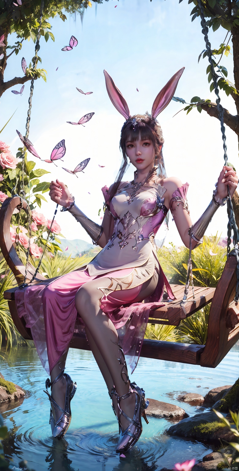 rabbit ears,long hair,Conservative conservative long skirt,Elaborate floral headgear,sitting,long skirt,princess dress,swing,The highest picture quality, conservative dress, exquisite CG, sitting on a swing wrapped in flowers and vines, water droplets in your hair, beautiful goddess, sparkling starlight, close-ups, exquisite face, exquisite lips, exquisite eyes, exquisite nose, dream, surrounded by pink butterflies, surrounded by sparkling water droplets, crystal pink crystal, shimmering lake background, rose petals falling, clothes studded with sparkling diamond pearls, high heels, long legs