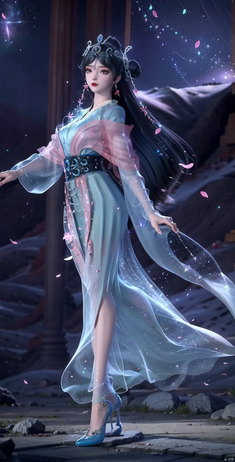 Two long straight legs, black lace leg rings, fantastic starry sky background, high heels, exquisite and gorgeous long gauze skirt, a small star around, long legs, long hair behind her, clothes studded with sparkling diamonds, fluttering notes, petals falling, crystal shoes, little crystals around,