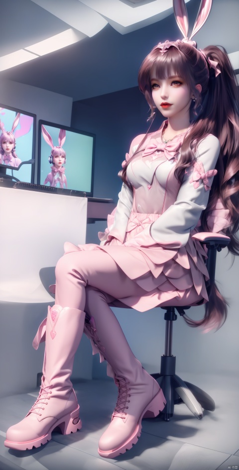 Bunny headphones,Tuxedo skirt,long legs, sitting in front of the computer, eSports girl, 1 girl, shut your mouth,:), charming smile, bow, long hair, ponytail, wide sleeves, boots, pink headphones, game chair, ruffles, boots, pink boots, headphones, pink headphones, xw