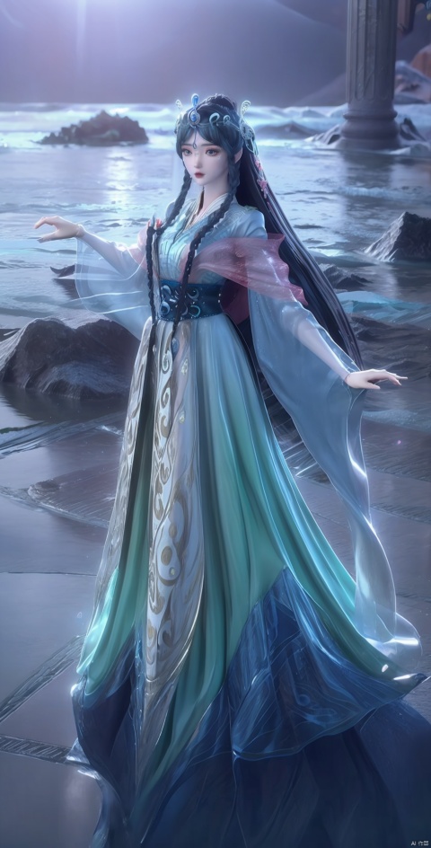 
,1girl, solo, long hair, dress, water, ocean, tiara, wading, elsa \(frozen\)