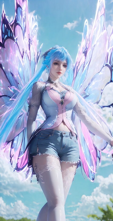  blue hair,blue hair,pink hair,halo,butterfly wings
,1 girl, solo, long hair, looking at audience, bangs, , shirt, long sleeves, belly button, standing, white shirt, outdoor, sky, shorts, day, belly, clouds, necklace, blue sky, lips, short top, rags, shorts, feet out of frame, leaves, watermarks, grass, denim, wind, architecture, denim shorts, realistic, tailoring, fallen leaves, blackpantyhose, 1girl, lace lolita, powa, tutuhd