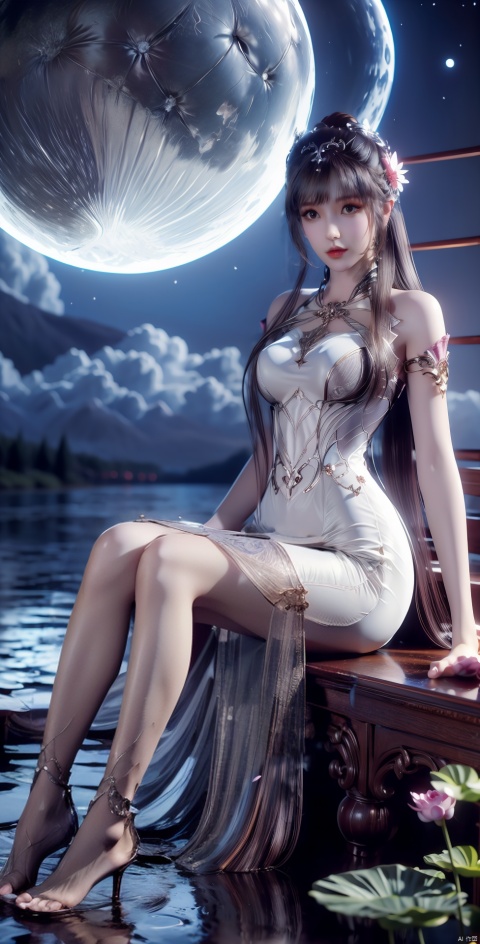  long skirt,long dress
,1girl, solo, long hair, black hair, hair ornament, dress, jewelry, sitting, flower, sky, barefoot, cloud, water, white dress, petals, bare legs, night, moon, night sky, full moon, lotus