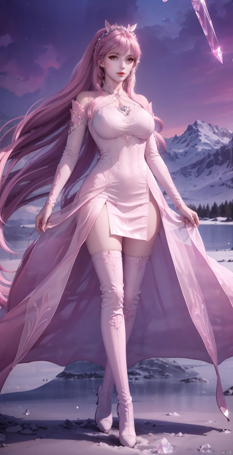 pink hair ,1girl, solo, long hair, breasts, thighhighs, dress, very long hair, , full body, boots, thigh boots, ice, crystal