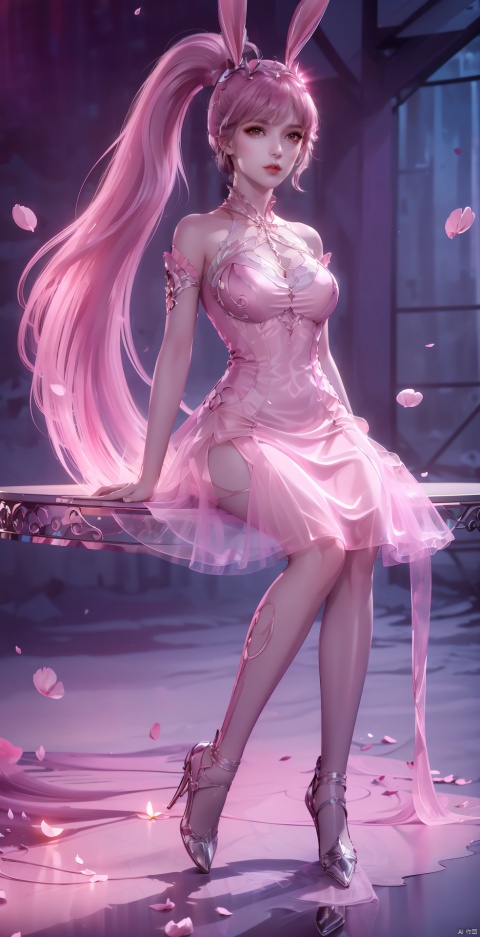 pink hair,1girl, solo, long hair,  dress, animal ears, sitting, full body, ponytail, flower, barefoot, rabbit ears, collar, petals, bare legs, table, pink dress, light, falling petals, metal collar