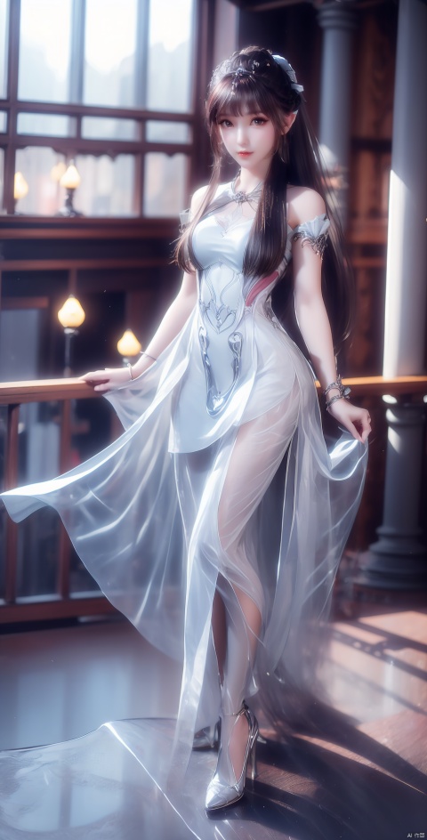 
,1girl, solo, long hair, looking at viewer, brown hair, dress, bow, ribbon, brown eyes, jewelry, full body, hair bow, earrings, pointy ears, white dress, blurry, high heels, bracelet, blurry background, watermark, elf, realistic