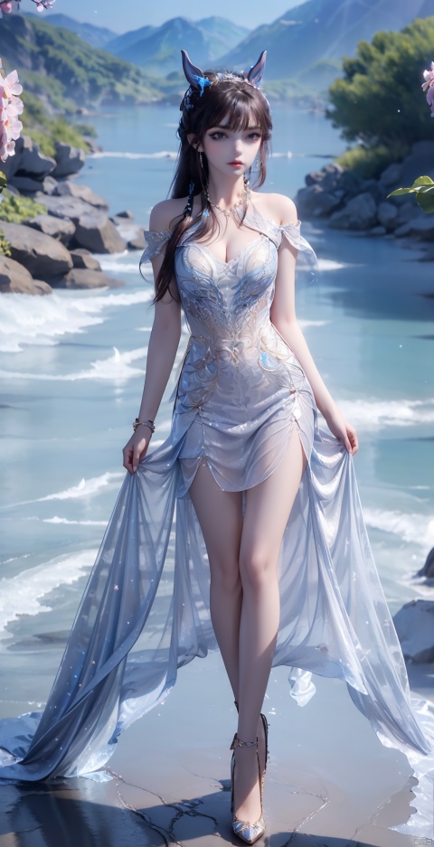 horse tail,blue butterfly,starry sky,short dress,short dress, ,1girl, solo, long hair, ,, gauze skirt, dress studded with sparkling diamonds, charming smile, crystal heart, high heels,long legs,The dress was studded with small pearls, xuer hologram Laser dress