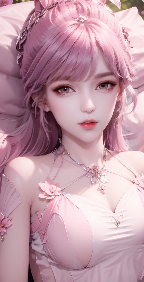 pink hair,With tears in her eyes
, 1 girl, solo, long hair, looking at viewer, dress, upper body, flower, lying, supine, pink dress, leaves, reality