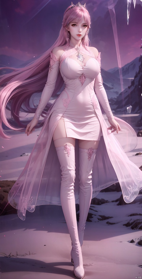 pink hair ,1girl, solo, long hair, breasts, thighhighs, dress, very long hair, , full body, boots, thigh boots, ice, crystal,full body