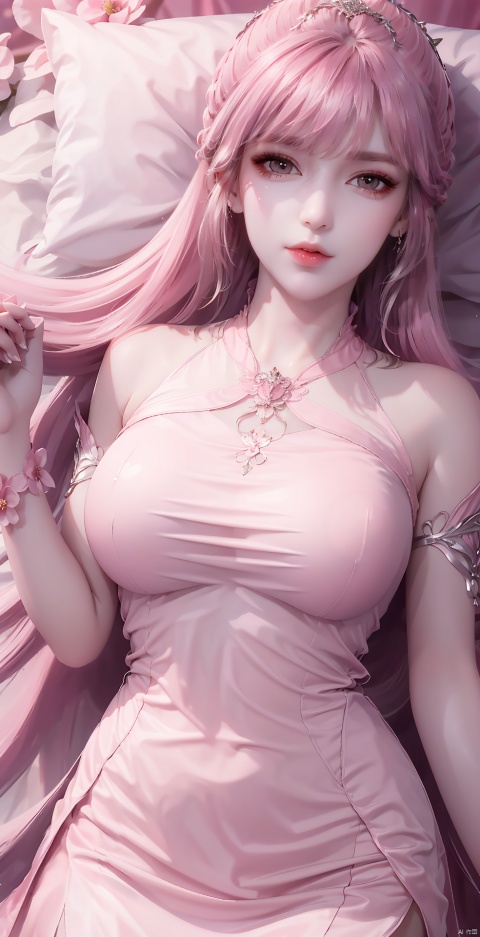  pink hair,A sad look,With tears in her eyes,short dress
, 1 girl, solo, long hair, looking at viewer, dress, upper body, flower, lying, supine, pink dress, leaves, reality