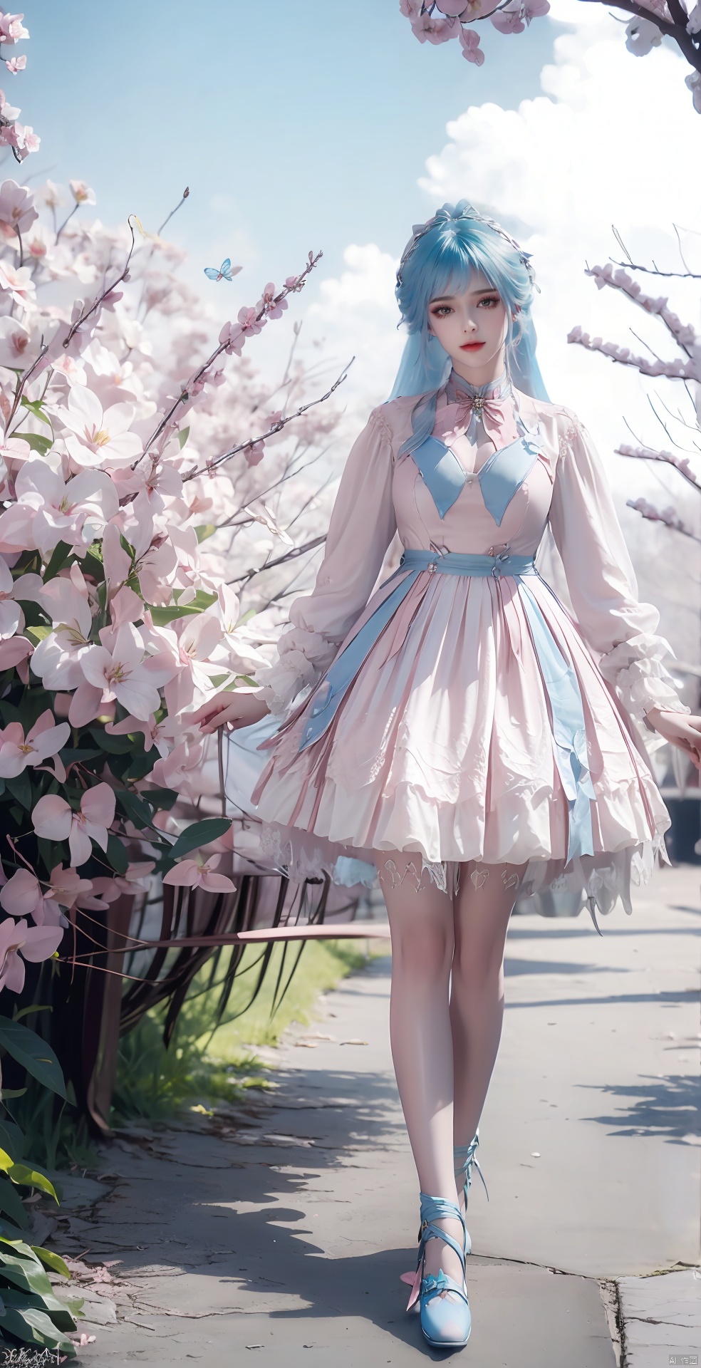 blue hair,pink hair,blue butterfly,pink butterfly,butterfly,full body
 ,1 girl, solo, long hair, looking at viewer, flowers, leaves, reality, lolita fashion,