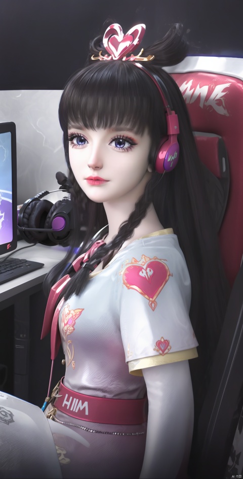 short dress,Headphones, sitting in front of the computer, eSports girl, 1 girl, keep your mouth shut,:), charming smile, bow tie, long hair, game chair, headphones,