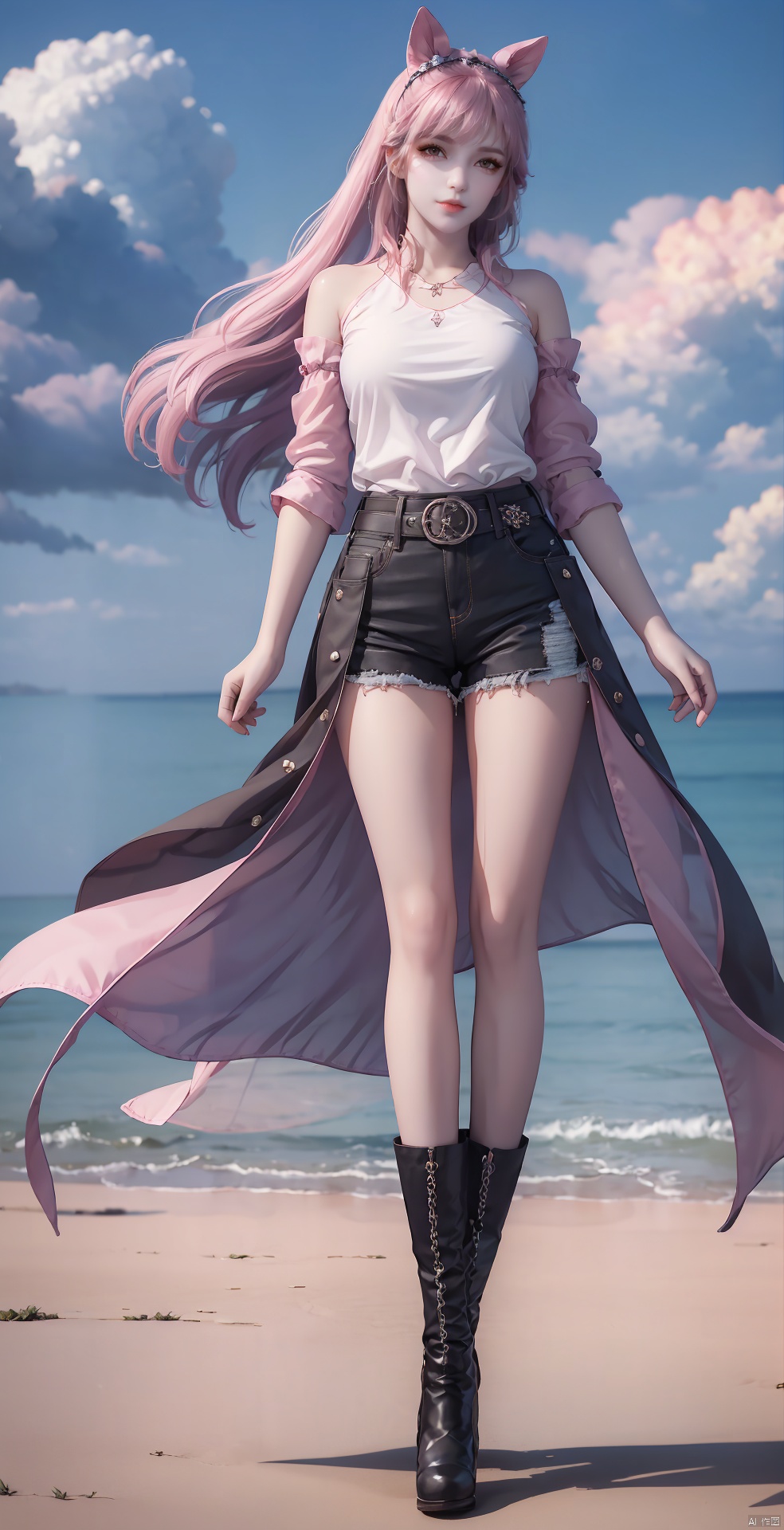 ,pink hair,crystal hair,
, 1 girl, alone, long hair, looking at the viewer, charming smile, shirt, belly button, standing, full body, white shirt, boots, outdoor, shorts, sleeveless, day, belly, belt, black shoes, flat toe, none Sleeve shirt, black shorts, legs up, standing on one leg, slit, standing slit