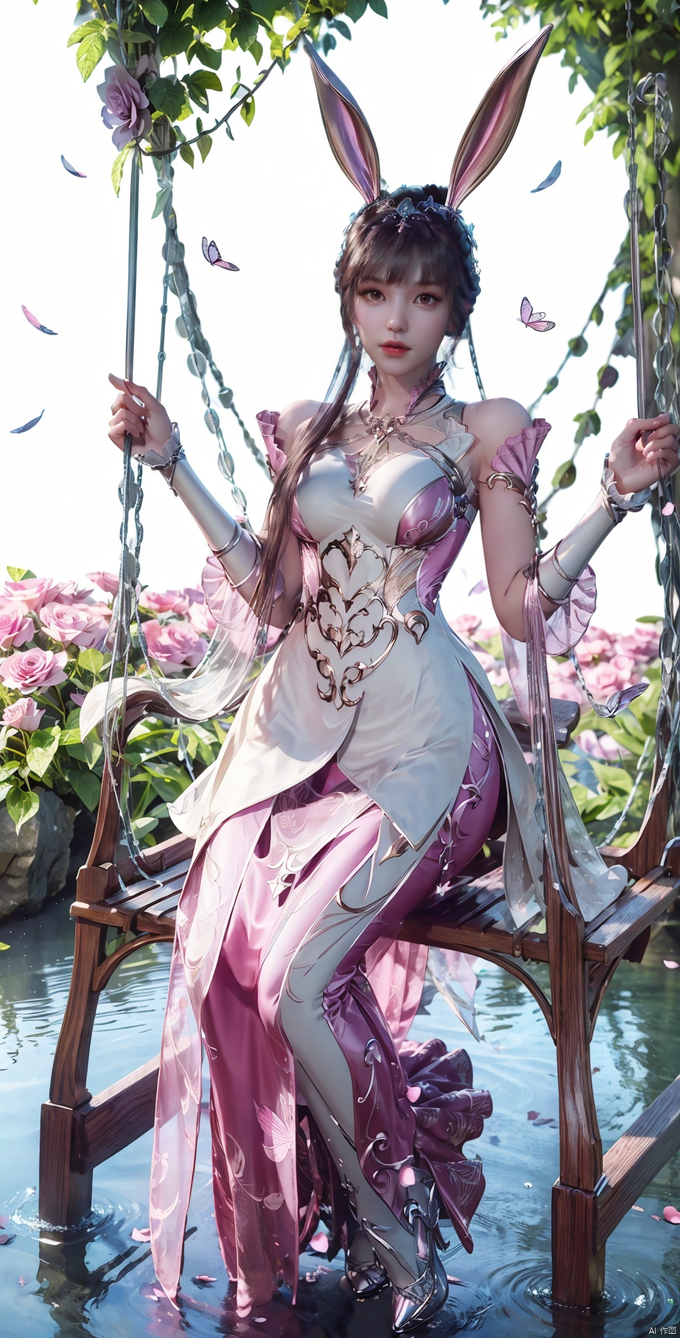 rabbit ears,long hair,Conservative conservative long skirt,long dress,Elaborate floral headgear,sitting,long skirt,princess dress,swing,The highest picture quality, conservative dress, exquisite CG, sitting on a swing wrapped in flowers and vines, water droplets in your hair, beautiful goddess, sparkling starlight, close-ups, exquisite face, exquisite lips, exquisite eyes, exquisite nose, dream, surrounded by pink butterflies, surrounded by sparkling water droplets, crystal pink crystal, shimmering lake background, rose petals falling, clothes studded with sparkling diamond pearls, high heels, long legs