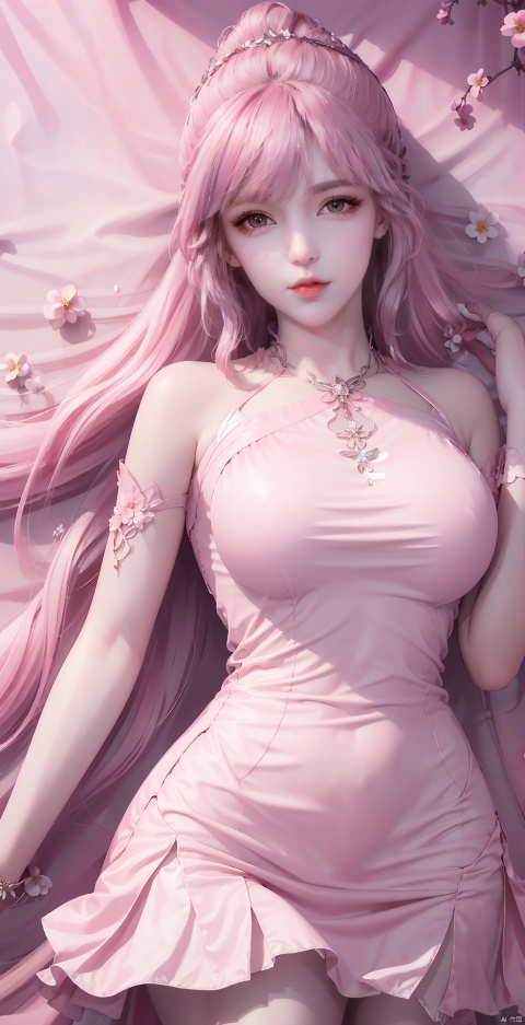 pink hair,With tears in her eyes,short dress
, 1 girl, solo, long hair, looking at viewer, dress, upper body, flower, lying, supine, pink dress, leaves, reality