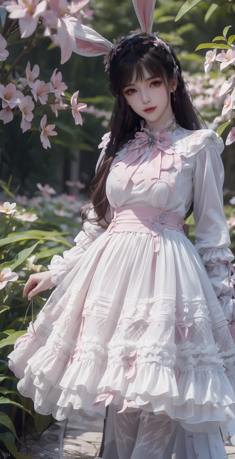  blue butterfly,pink butterfly,butterfly,full body,rabbit ears
 ,1 girl, solo, long hair, looking at viewer, flowers, leaves, reality, lolita fashion,