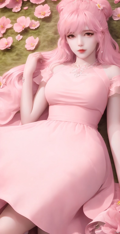  pink hair, sad expression, tears in eyes, short dress,long legs
, 1 girl, solo, long hair, looking at audience, dress, flowers, lying, supine, pink dress, leaves, reality