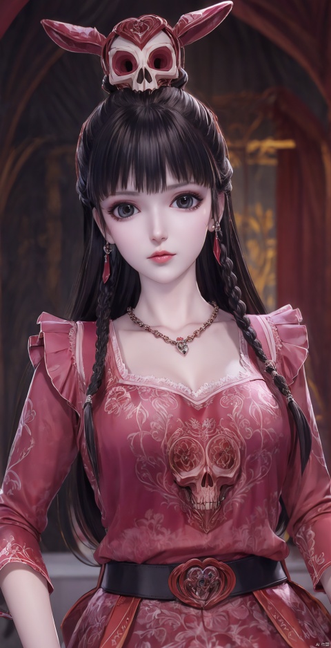 1girl, solo, long hair, looking at viewer, black hair, hair ornament, red eyes, long sleeves, dress, holding, jewelry, upper body, earrings, necklace, blurry, blurry background, facial mark, chinese clothes, red dress, veil, skull, forehead mark, red lips, holding skull,blood on face,horror (theme),skull on head,skull collar,skull belt