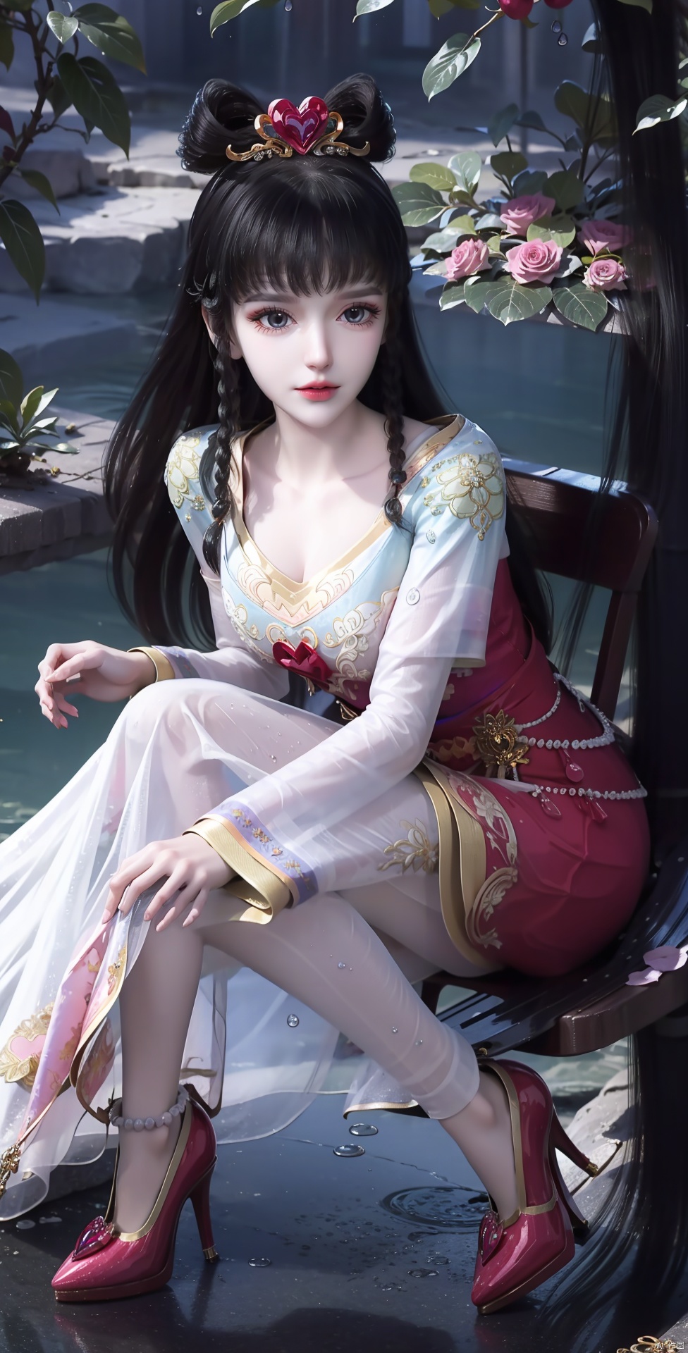  Black hair, long hair, HD picture quality, 1 girl, beautiful, beautiful, Milky Way, starry sky, very delicate and beautiful, very meticulous, unified, 8k, huge file size, Super Detail, High Charming Smile, Long Hair, Conservative Conservative Skirt, Skirt, Delicate Flower Headgear, Sit, Skirt, Princess Skirt, Swing, the highest picture quality, exquisite CG, sitting on a swing surrounded by flowers and vines, water drops in her hair, beautiful goddess, sparkling starlight, close-up, exquisite face, delicate lips, delicate eyes, delicate nose, dreamy, pink butterflies, sparkling water, sparkling pink crystal, sparkling lake against the background, rose petals falling, dress decorated with sparkling diamond pearls, high heels, long legs, very fine resolution,