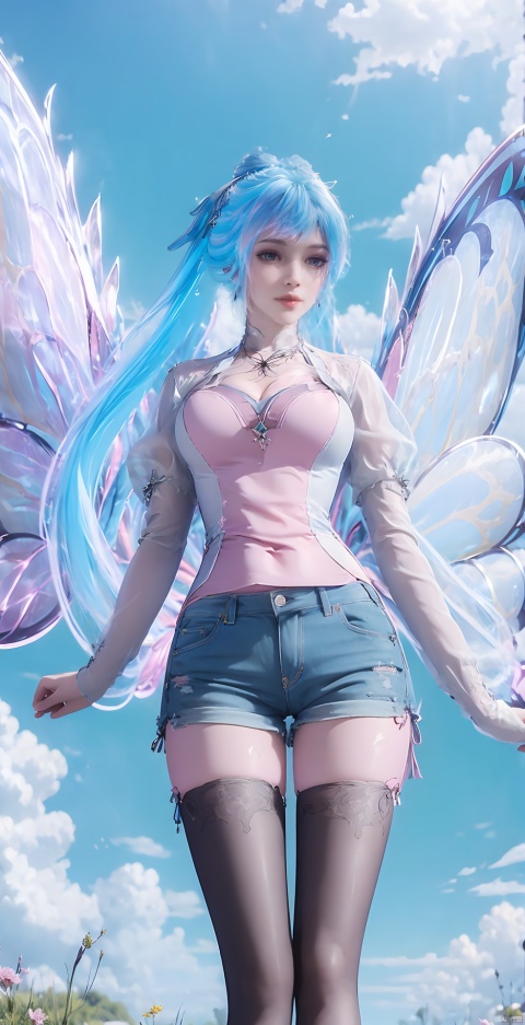  blue hair,blue hair,pink hair,halo,butterfly wings
,1 girl, solo, long hair, looking at audience, bangs, , shirt, long sleeves, belly button, standing, white shirt, outdoor, sky, shorts, day, belly, clouds, necklace, blue sky, lips, short top, rags, shorts, feet out of frame, leaves, watermarks, grass, denim, wind, architecture, denim shorts, realistic, tailoring, fallen leaves, blackpantyhose, 1girl, lace lolita, powa, tutuhd,print legwear