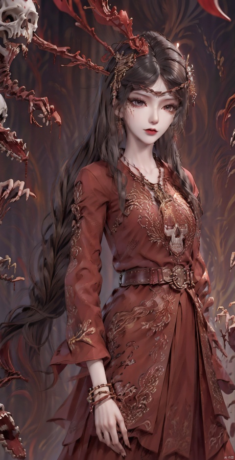 red butterfly,butterfly,1girl, solo, long hair, looking at viewer, black hair, hair ornament, red eyes, long sleeves, dress, holding, jewelry, upper body, earrings, necklace, blurry, blurry background, facial mark, chinese clothes, red dress, veil, skull, forehead mark, red lips, holding skull,blood on face,horror (theme),skull on head,skull collar,skull belt,full body,blood drip, Terror