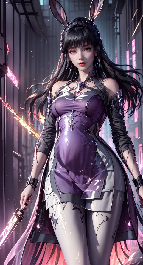 , rabbit ears,long skirt,pregnant,masterpiece, best quality, 8k, concept art, Thought-Provoking Aunt of Blood, intricate details, holding a gun, weapon, JoJo pose, Straps, Rings, Gloves, Low shutter, (Violet power aura:1.2), most beautiful artwork in the world, aesthetics, atmosphere, (neon,cyborg:1.1), fantasy,1girl