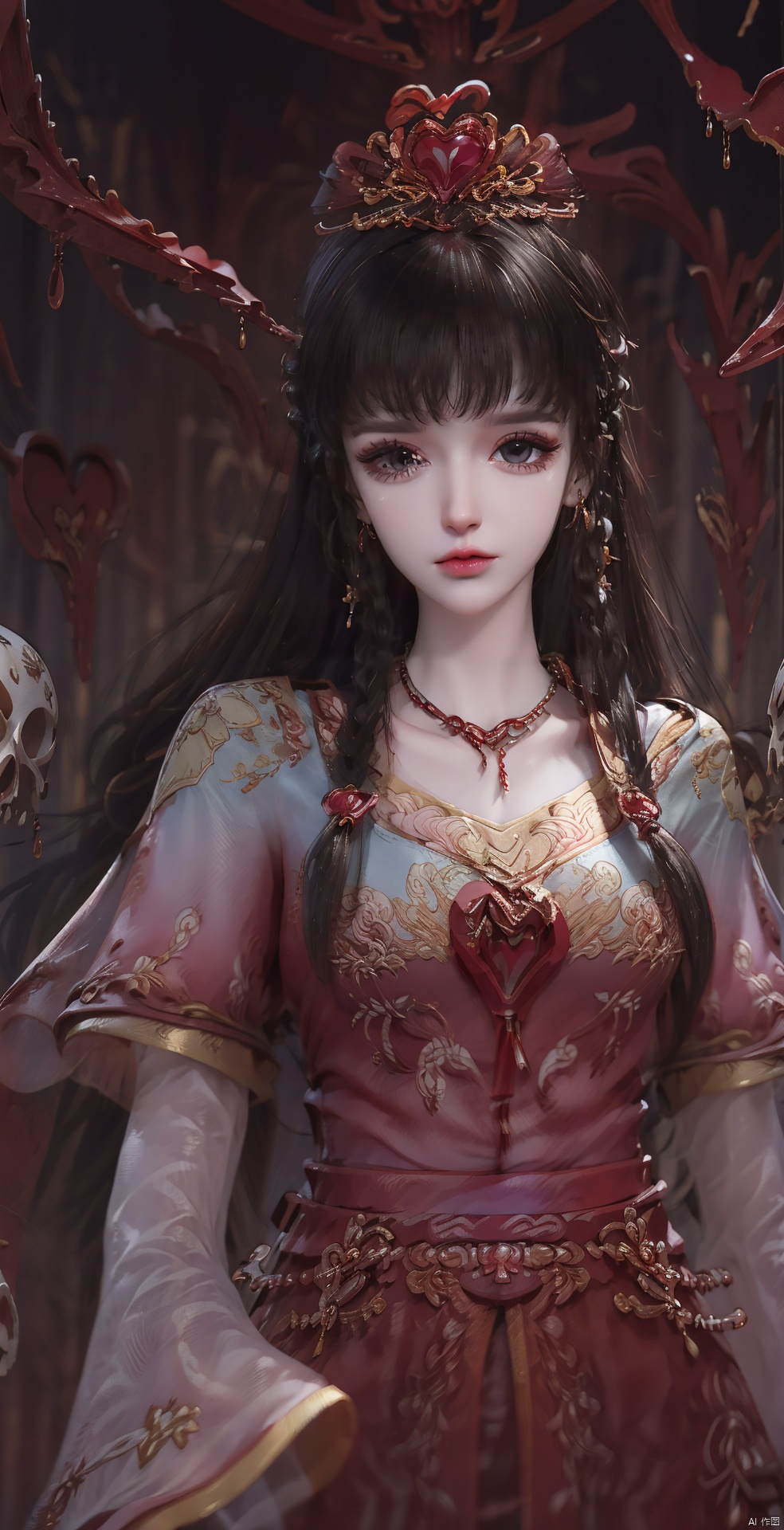 1girl, solo, long hair, looking at viewer, black hair, hair ornament, red eyes, long sleeves, dress, holding, jewelry, upper body, earrings, necklace, blurry, blurry background, facial mark, chinese clothes, red dress, veil, skull, forehead mark, red lips, holding skull,blood on face,horror (theme),skull on head,skull collar,skull belt,full body,blood drip