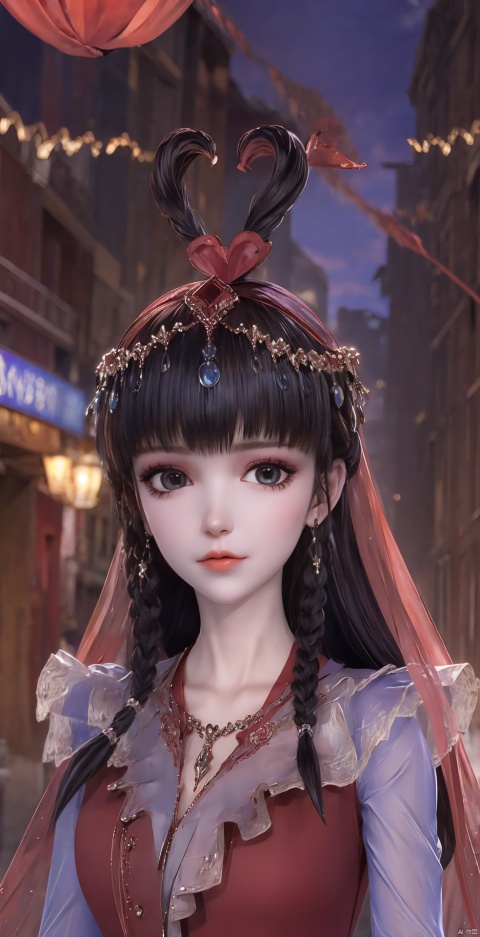 1 girl, solo, long hair, looking at audience, black hair, hair ornaments, red eyes, long sleeves, clothes, holding, jewelry, upper body, earrings, necklace, blurred, blurred background, facial markings, chinese clothes, red Clothes, Veil, Skull, Forehead Mark, Red Lips, Holding Skull, Blood on Face, Horror (Theme), Skull on Head, Full Body, Blood Drops