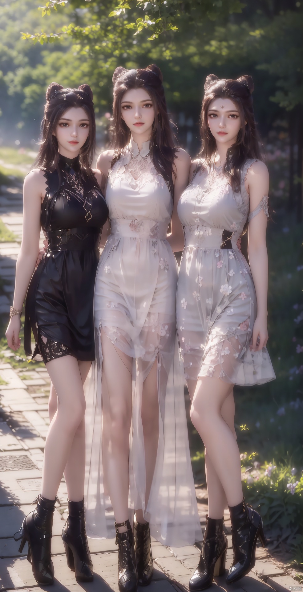 triplets,long legs
,short dress,train (clothing) ,long hair, looking at viewer, multiple girls, brown hair, dress, animal ears, standing, full body, ponytail, 3girls, , high heels, bare legs, pink dress