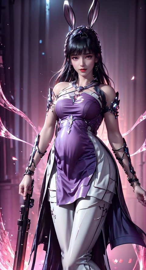 , rabbit ears,long skirt,pregnant,masterpiece, best quality, 8k, concept art, Thought-Provoking Aunt of Blood, intricate details, holding a gun, weapon, JoJo pose, Straps, Rings, Gloves, Low shutter, (Violet power aura:1.2), most beautiful artwork in the world, aesthetics, atmosphere, (neon,cyborg:1.1), fantasy,1girl