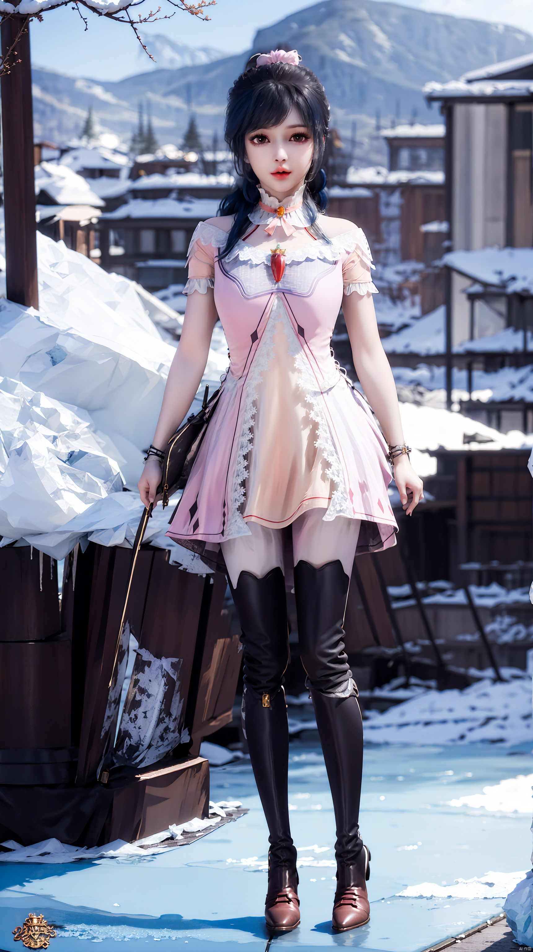 1girl, solo, long hair, breasts, thighhighs, dress, very long hair, blue hair, full body, boots, thigh boots, ice, crystal