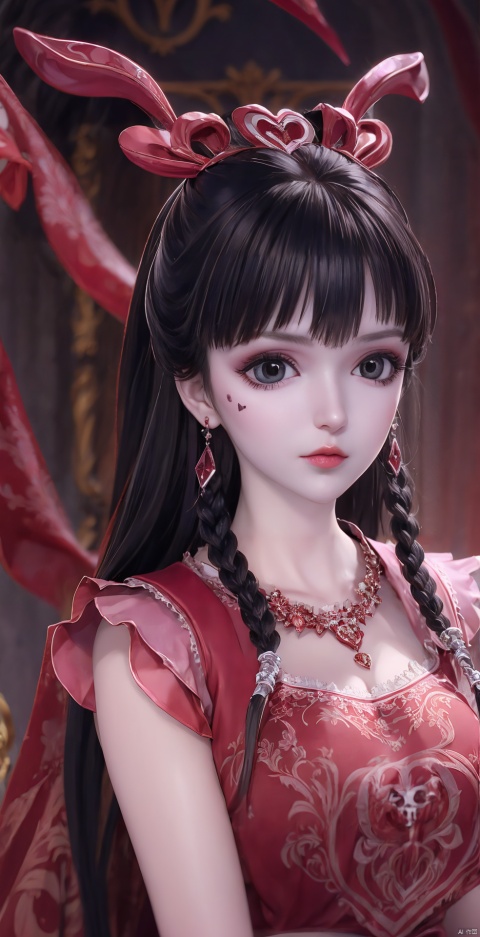 1girl, solo, long hair, looking at viewer, black hair, hair ornament, red eyes, long sleeves, dress, holding, jewelry, upper body, earrings, necklace, blurry, blurry background, facial mark, chinese clothes, red dress, veil, skull, forehead mark, red lips, holding skull,blood on face,horror (theme)