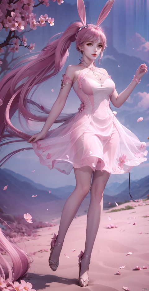 pink hair, 1girl, solo, long hair, dress, animal ears,, full body, ponytail, flower, barefoot, bunny ears, collar, petals, bare legs, pink dress, light, falling petals, metal collar