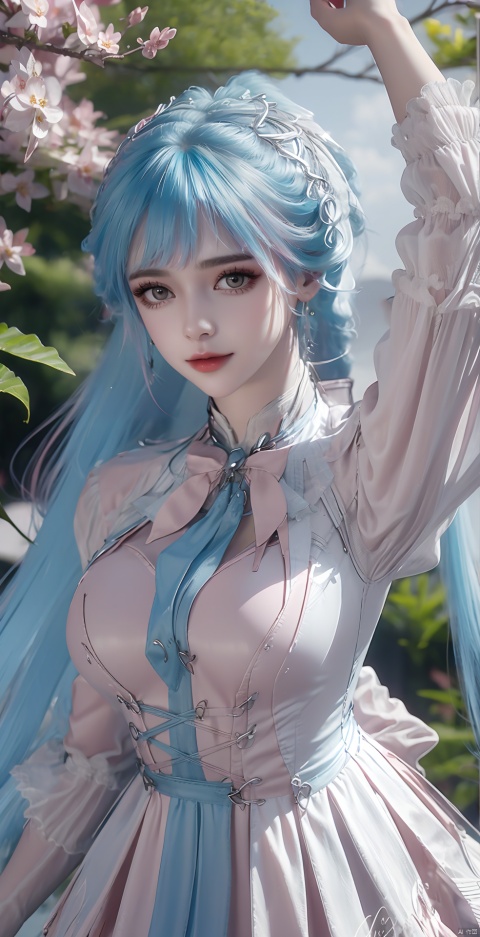 blue hair,pink hair
 ,1 girl, solo, long hair, looking at viewer, flowers, leaves, reality, lolita fashion,