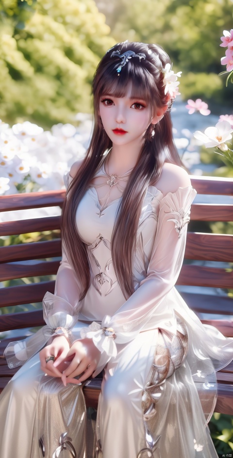  blunt bangs,flower ring
,1girl, solo, long hair, looking at viewer, brown hair, black hair, long sleeves, dress, brown eyes, jewelry, sitting, flower, earrings, outdoors, hair flower, necklace, white dress, see-through, white flower, realistic, bench