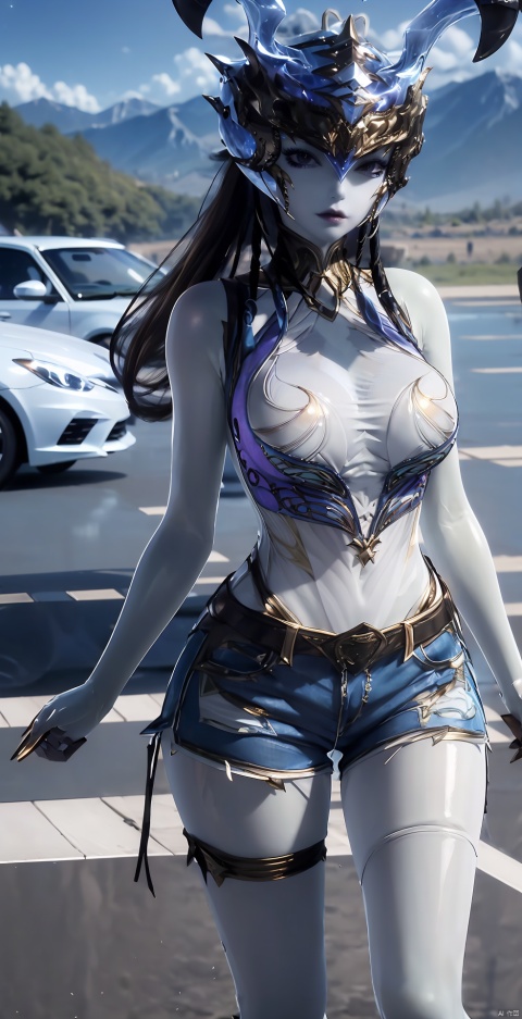  1 girl, solo, long hair, looking at viewer, smile, brown hair, shirt, black hair, bare shoulders, brown eyes, full body, boots, outdoor, shorts, sleeveless, day, lips, bare arms, black shirt , shorts, watermark, white footwear, vest, denim, ground vehicle, motor vehicle, denim shorts, realistic, road, motorcycle