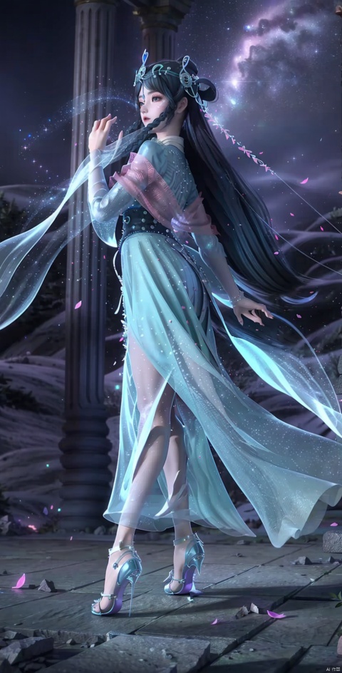 Two long straight legs, black lace leg rings, fantastic starry sky background, high heels, exquisite and gorgeous long gauze skirt, a small star around, long legs, long hair behind her, clothes studded with sparkling diamonds, fluttering notes, petals falling, crystal shoes, little crystals around,